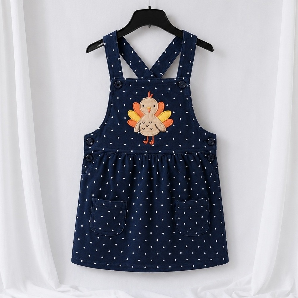 Carter's Baby Girl Turkey Jumper‎ Dress 12M Thanksgiving Outfit Navy Polka Dot